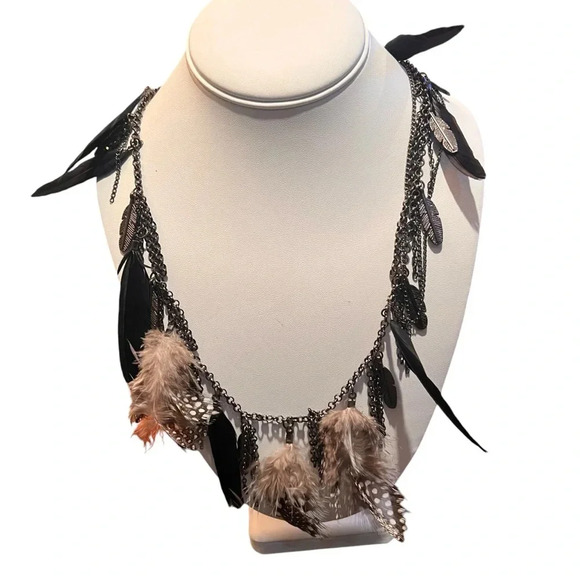 Boho Silver Chain Feather Statement Necklace Real Feathers Festival Western Art - Picture 3 of 8